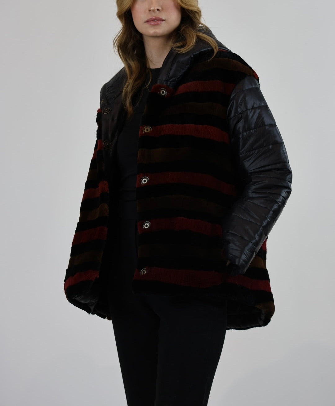 Irvine Upcycled Black & Burgundy Striped Mink Jacket